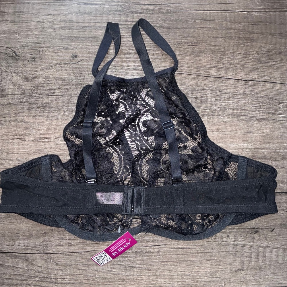 Adore Me Emmeline Black Lace Studded Halter Plunge Bra 38B Jet Black NWT - Picture 3 of 6